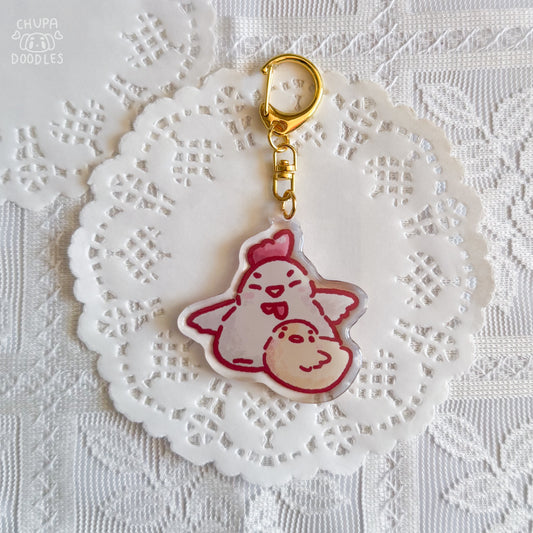 Chicken and chick epoxy keychain by Chupadoodles, double-sided kawaii bag charm