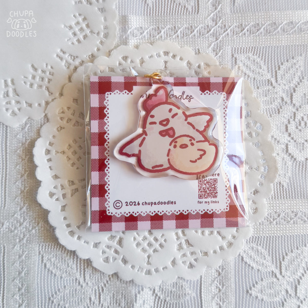 Chicken and chick keychain with size reference, kawaii bag charm from Australia