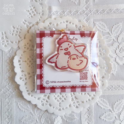 Chicken and chick keychain with size reference, kawaii bag charm from Australia
