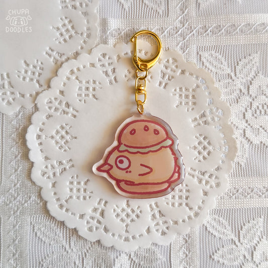 Duck in a burger epoxy keychain by Chupadoodles, double-sided kawaii bag charm