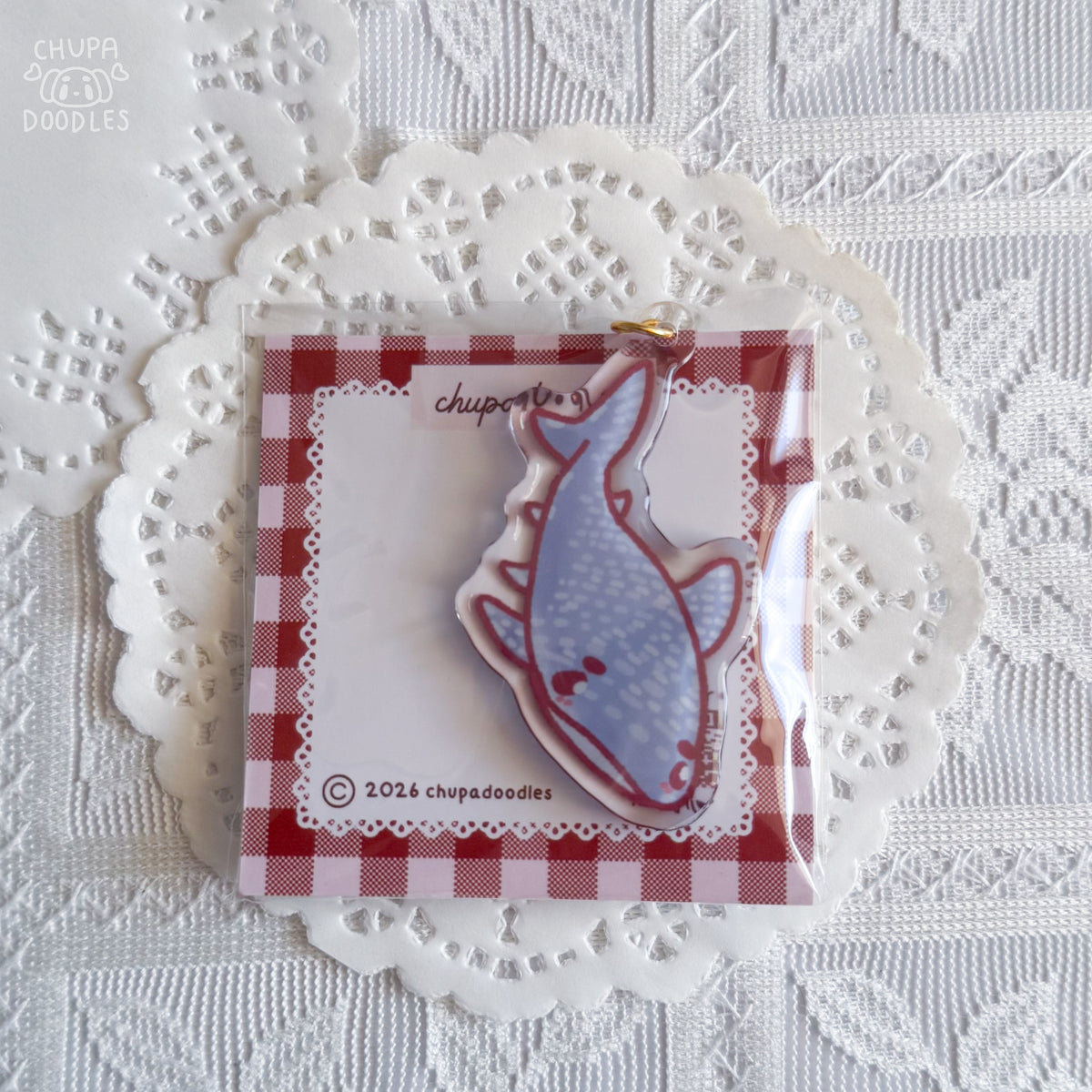 Whale shark epoxy keychain close up, glossy double-sided charm