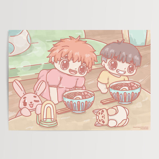 Ponyo & Sosuke Eating Ramen Art Print