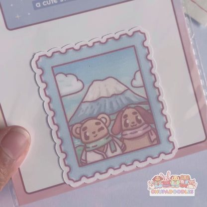 Afternoon Mount Fuji Stamp Glitter Die Cut Sticker