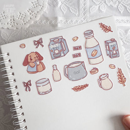 Barky and oat milk washi sticker sheet by Chupadoodles, kawaii planner stickers