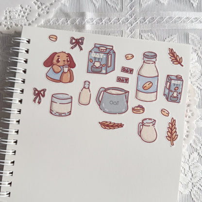 Barky oat milk sticker sheet close up, matte washi paper stickers