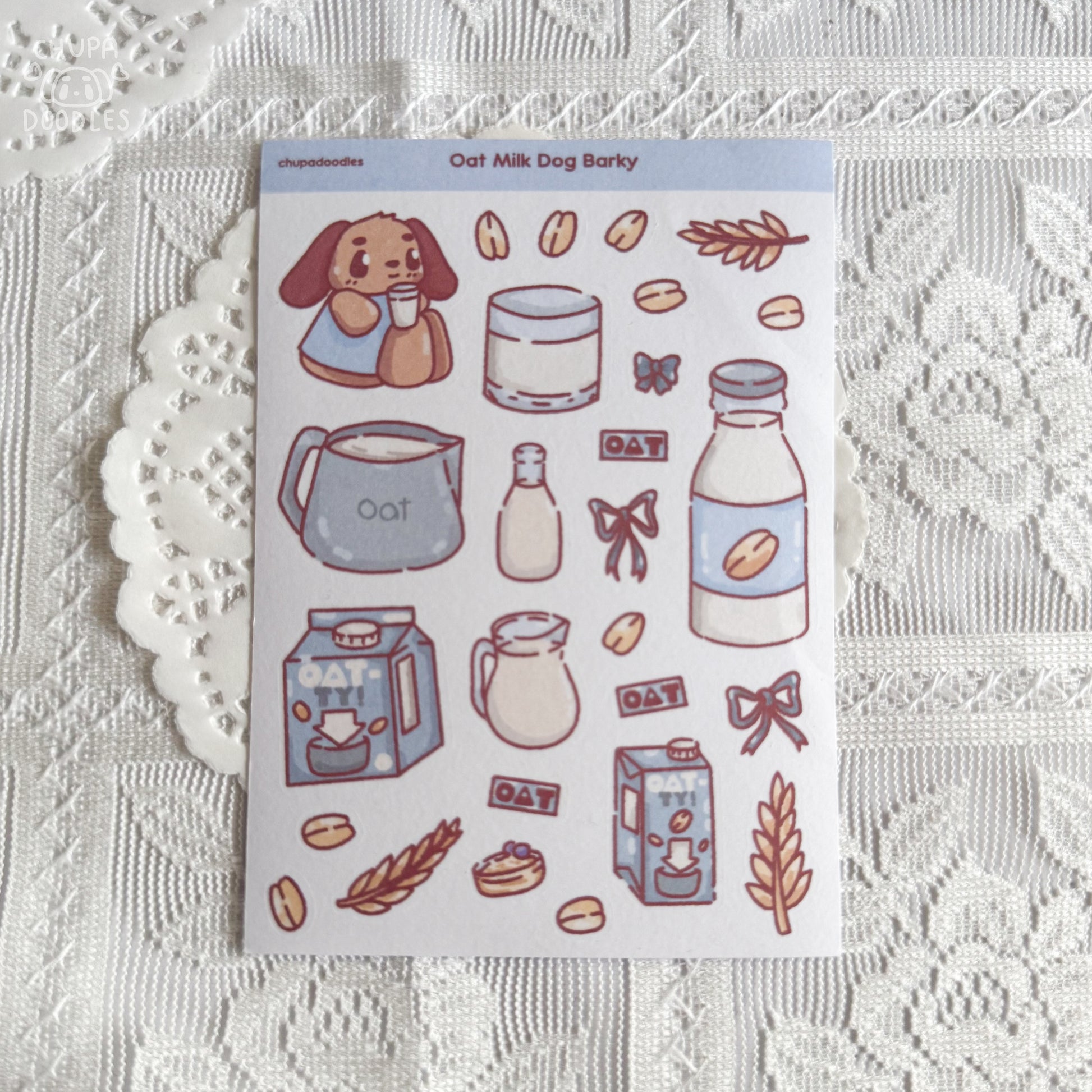 Barky oat milk sticker peeled and applied, translucent washi finish