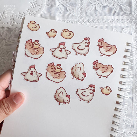 Chunky chickens sticker sheet close up, round chickens and baby chicks