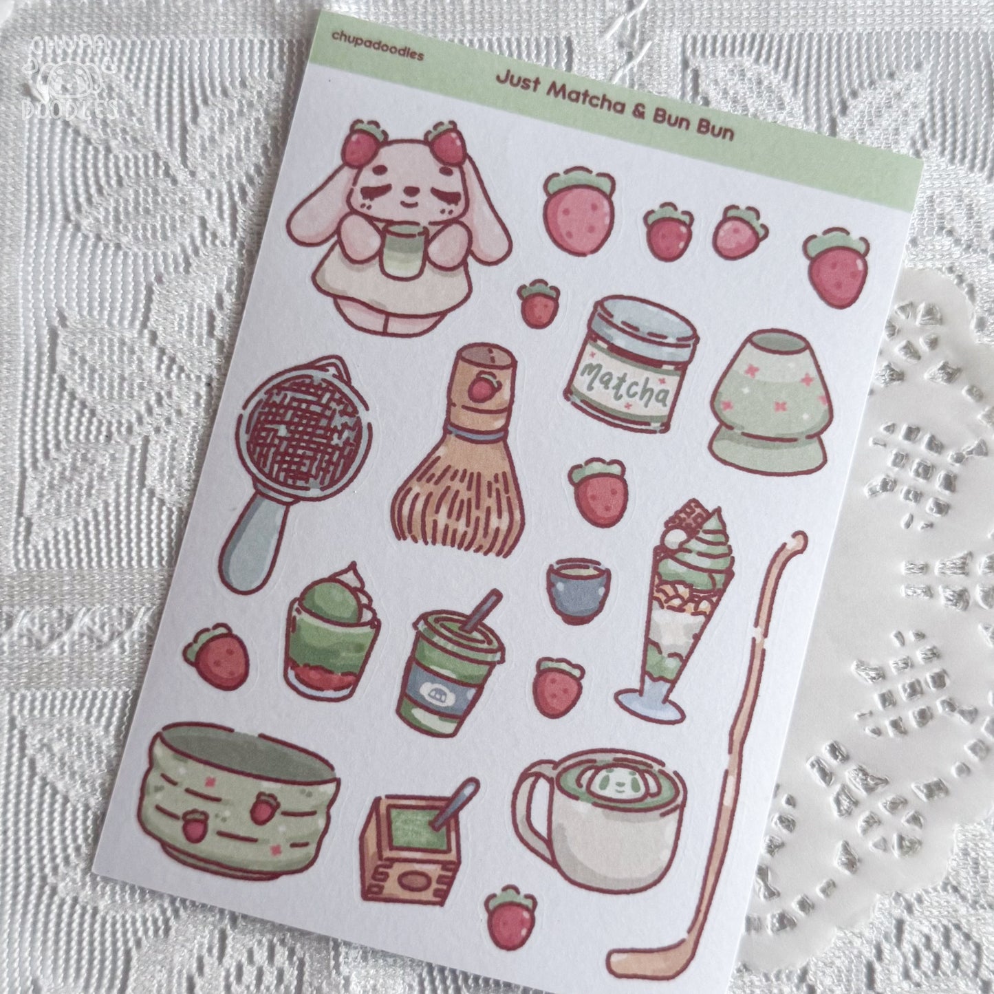 Close-up of Bun Bun and Matcha washi sticker sheet showing individual kawaii matcha stickers