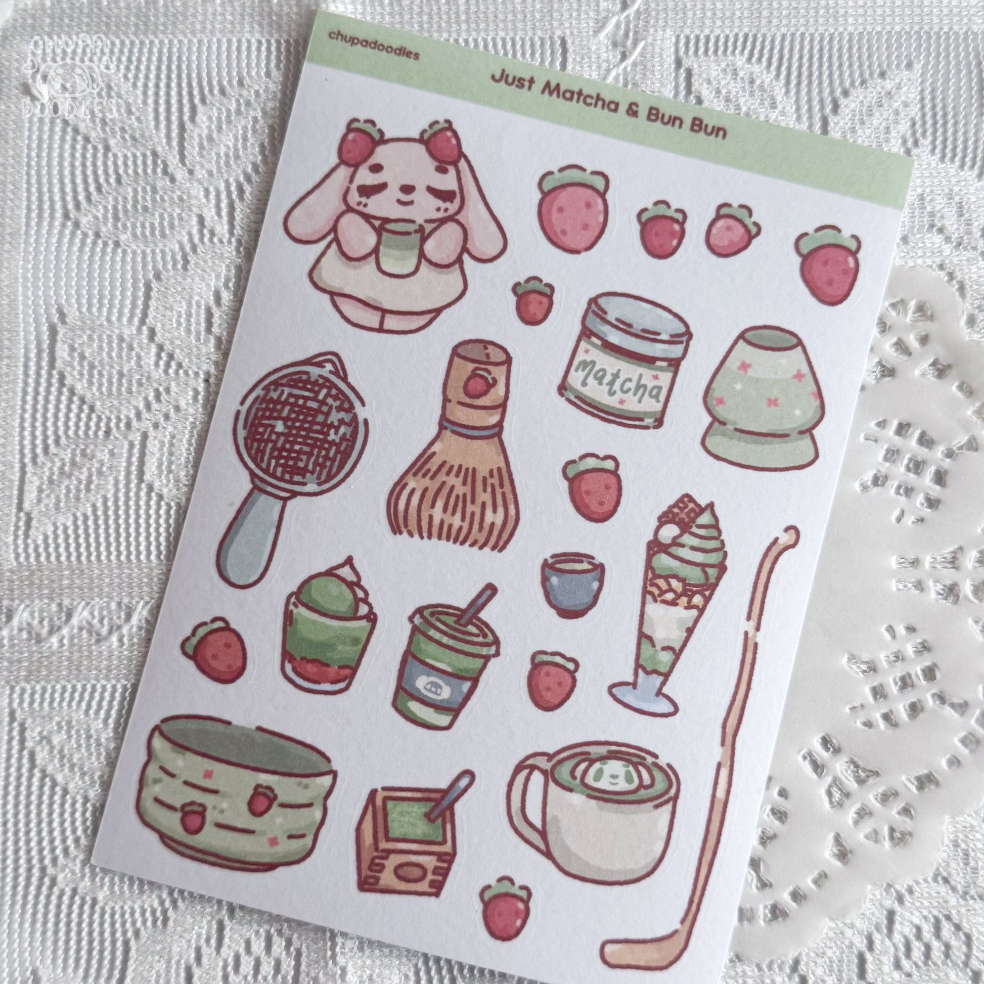 Close-up of Bun Bun and Matcha washi sticker sheet showing individual kawaii matcha stickers