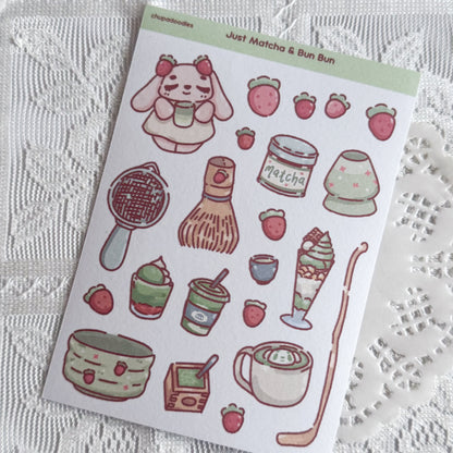 Close-up of Bun Bun and Matcha washi sticker sheet showing individual kawaii matcha stickers
