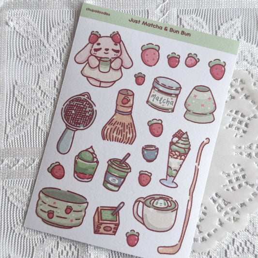 Close-up of Bun Bun and Matcha washi sticker sheet showing individual kawaii matcha stickers