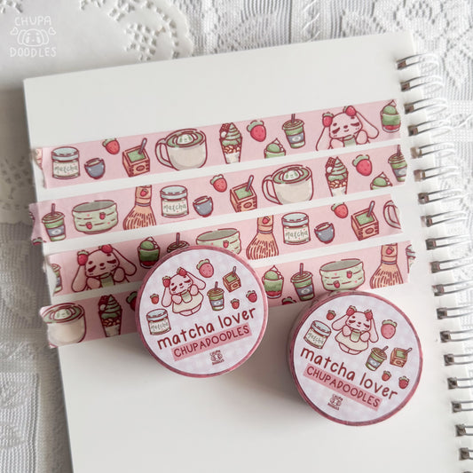 Matcha Lover Bun Bun washi tape close up, kawaii matcha stationery