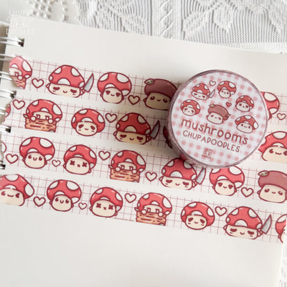 Mushrooms washi tape peeled and applied to an envelope, repositionable washi