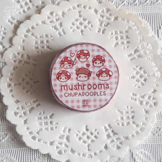Mushrooms washi tape wrapped around gift wrap, kawaii mushroom stationery