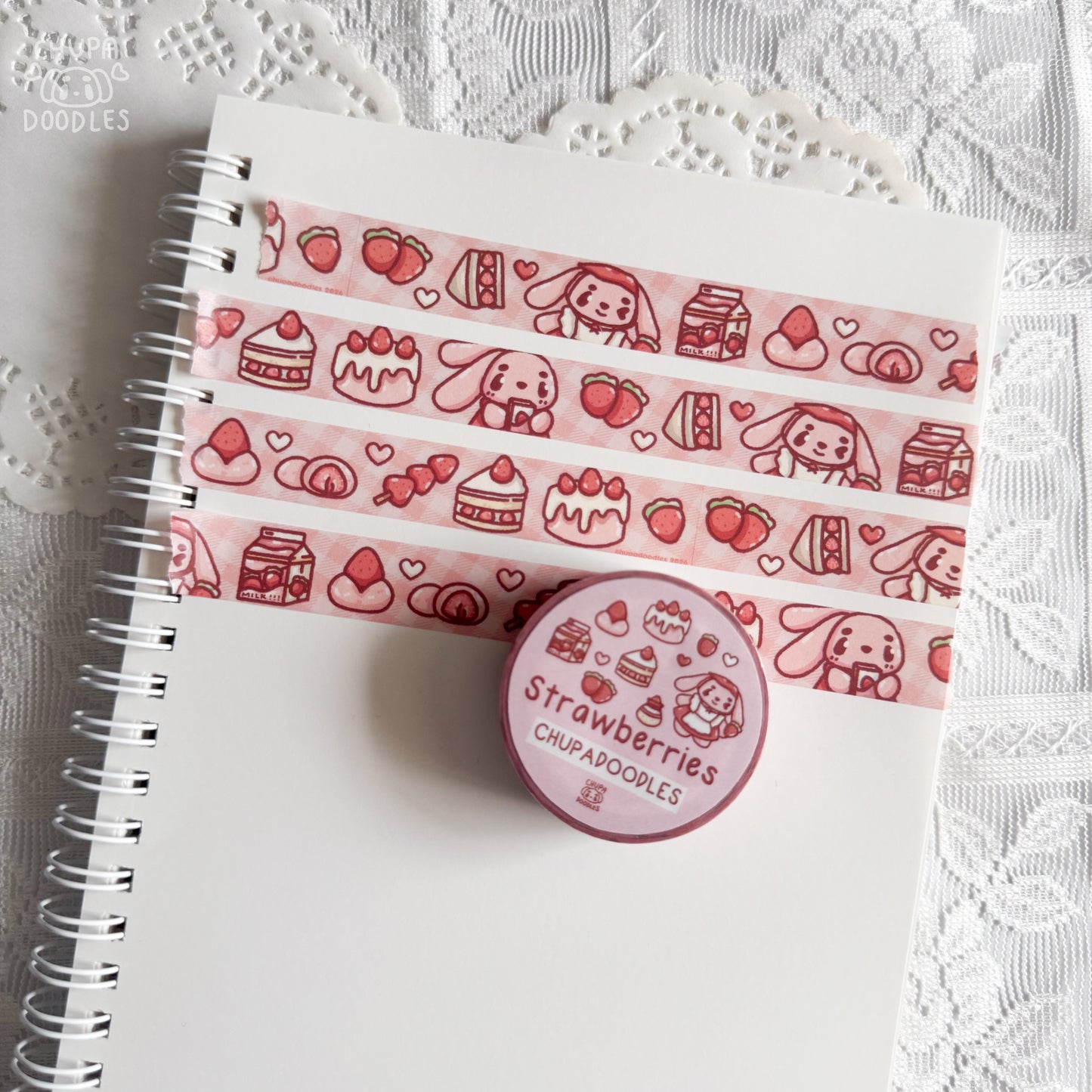 Strawberries & Bun Bun washi tape close up, kawaii strawberry stationery