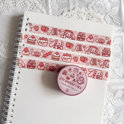 Strawberries & Bun Bun washi tape close up, kawaii strawberry stationery