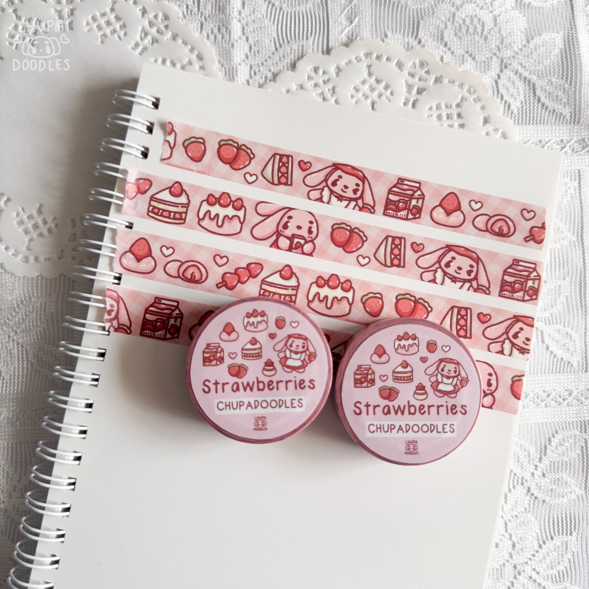 Strawberries & Bun Bun washi tape styled on a planner, cute journaling tape