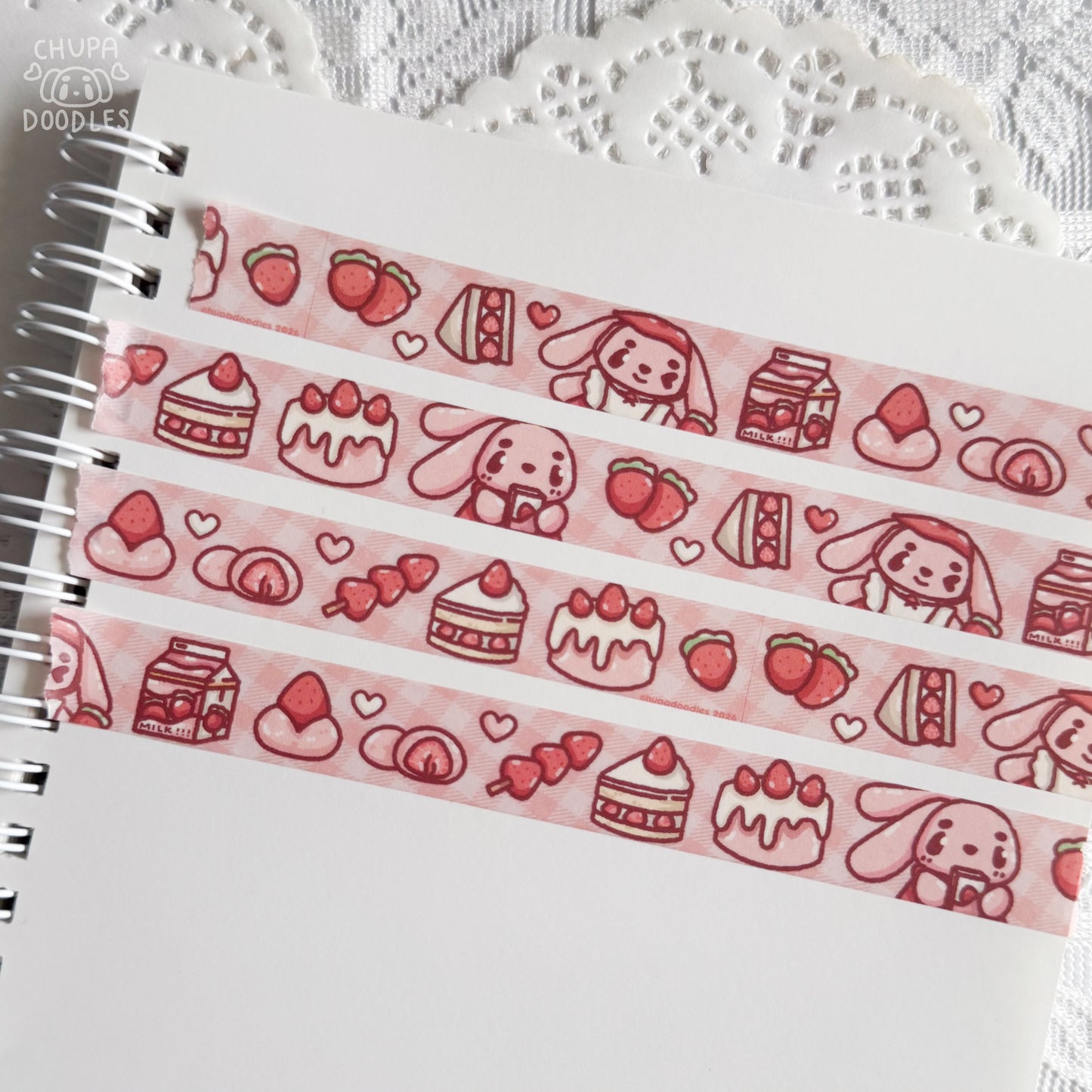 Strawberries & Bun Bun washi tape with size reference, 15 mm decorative tape