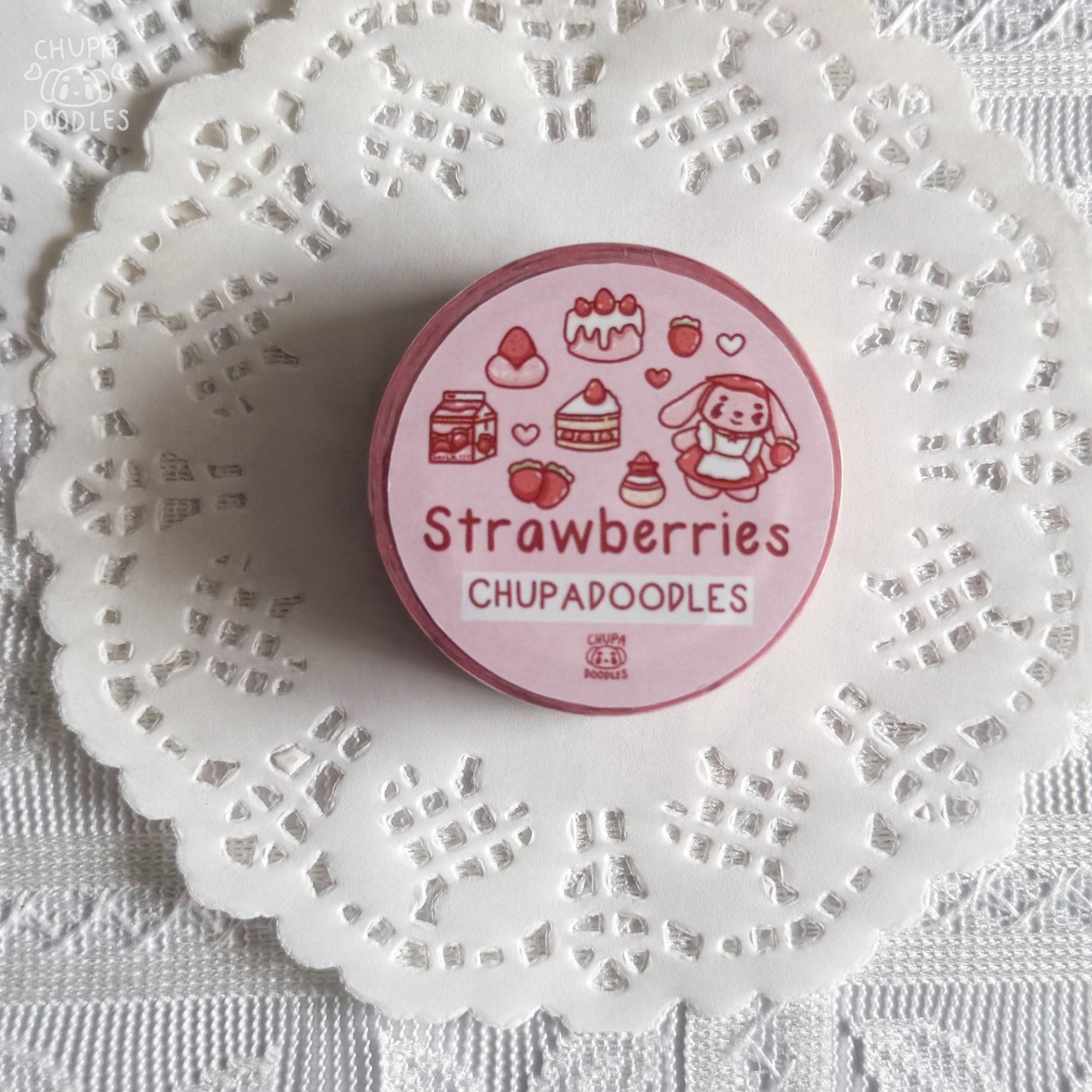 Strawberries & Bun Bun washi tape roll detail, 10 m washi paper tape