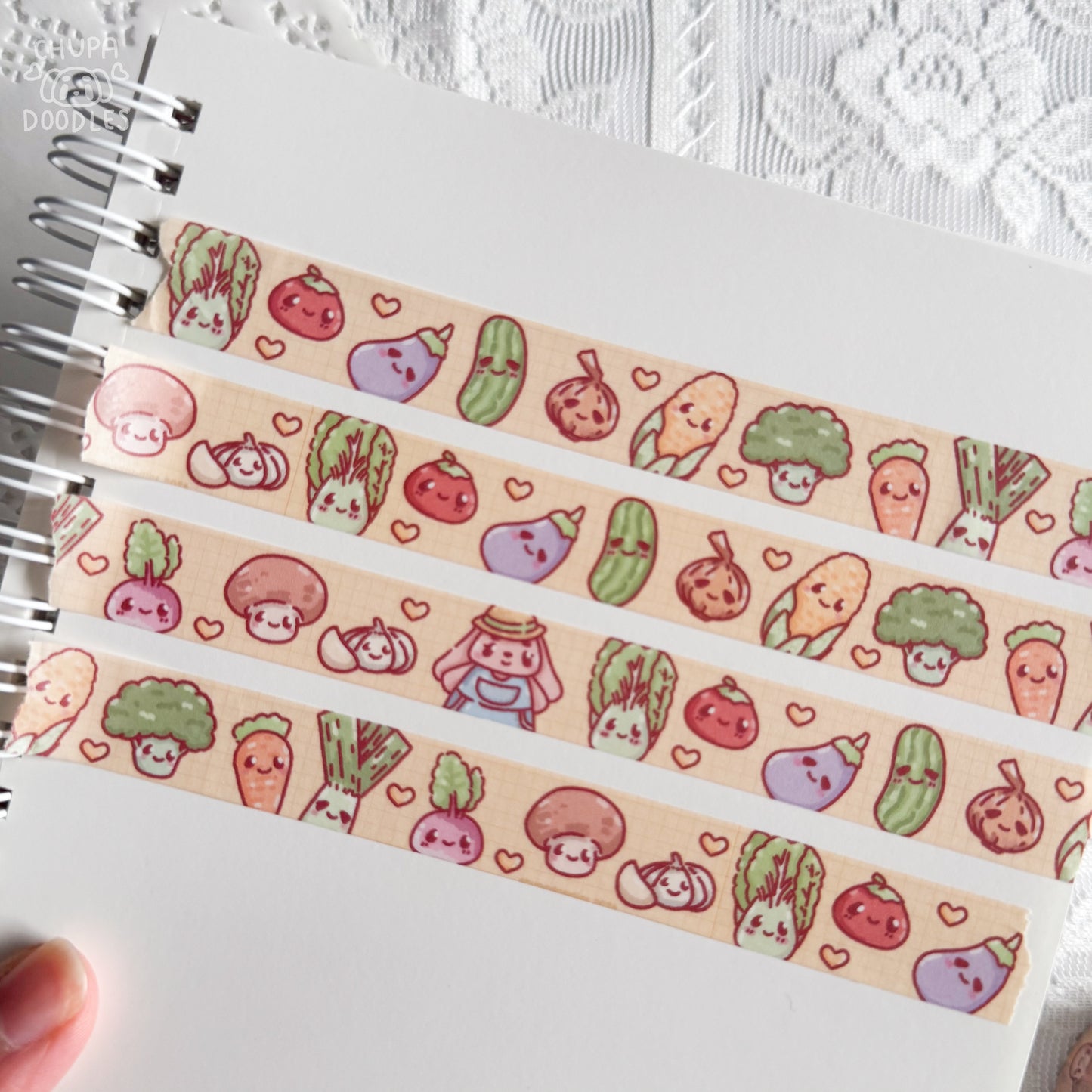 Bun Bun veggie garden washi tape close up, kawaii carrots and leafy greens pattern