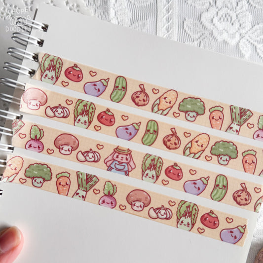 Bun Bun veggie garden washi tape close up, kawaii carrots and leafy greens pattern