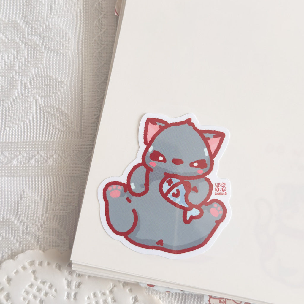 Kawaii Black Cat Fish Sticker | Kawaii Sticker (Gloss Finish)
