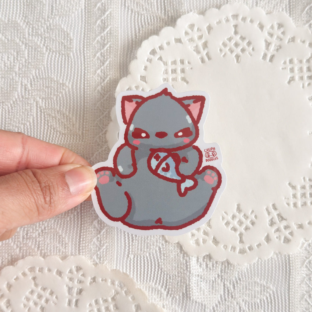 Kawaii Black Cat Fish Sticker | Kawaii Sticker (Gloss Finish)
