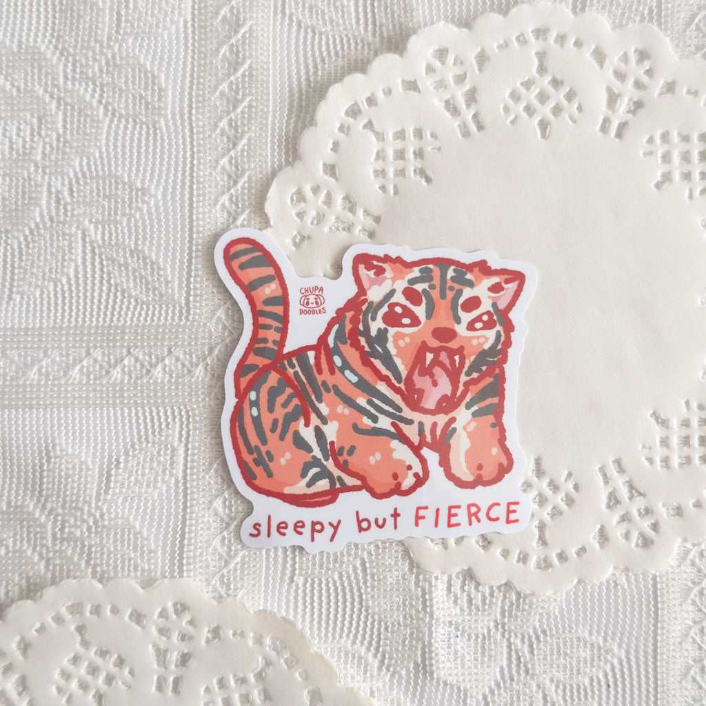 Sleepy But Fierce Tiger Cute Sticker (Gloss Finish)